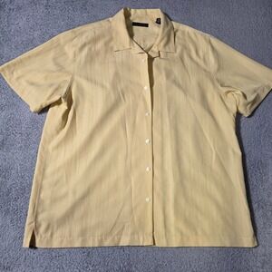 Via Europa Mens XXL Button Down Shirt Yellow Tonal Stripe Short Sleeve Camp